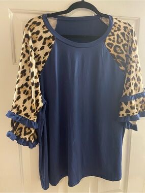 Emory Rose 3X Navy Tunic with Leopard-Print Ruffle Sleeves - Women's Top